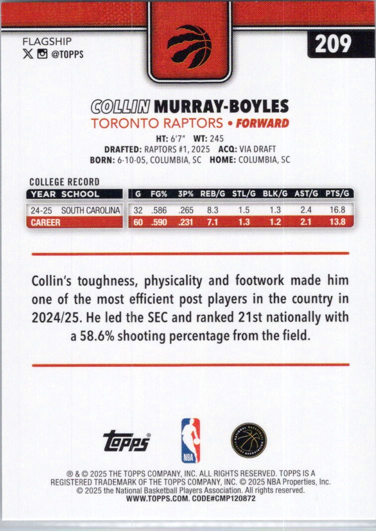 2025-26 Topps #209 Collin Murray-Boyles Toronto Raptors