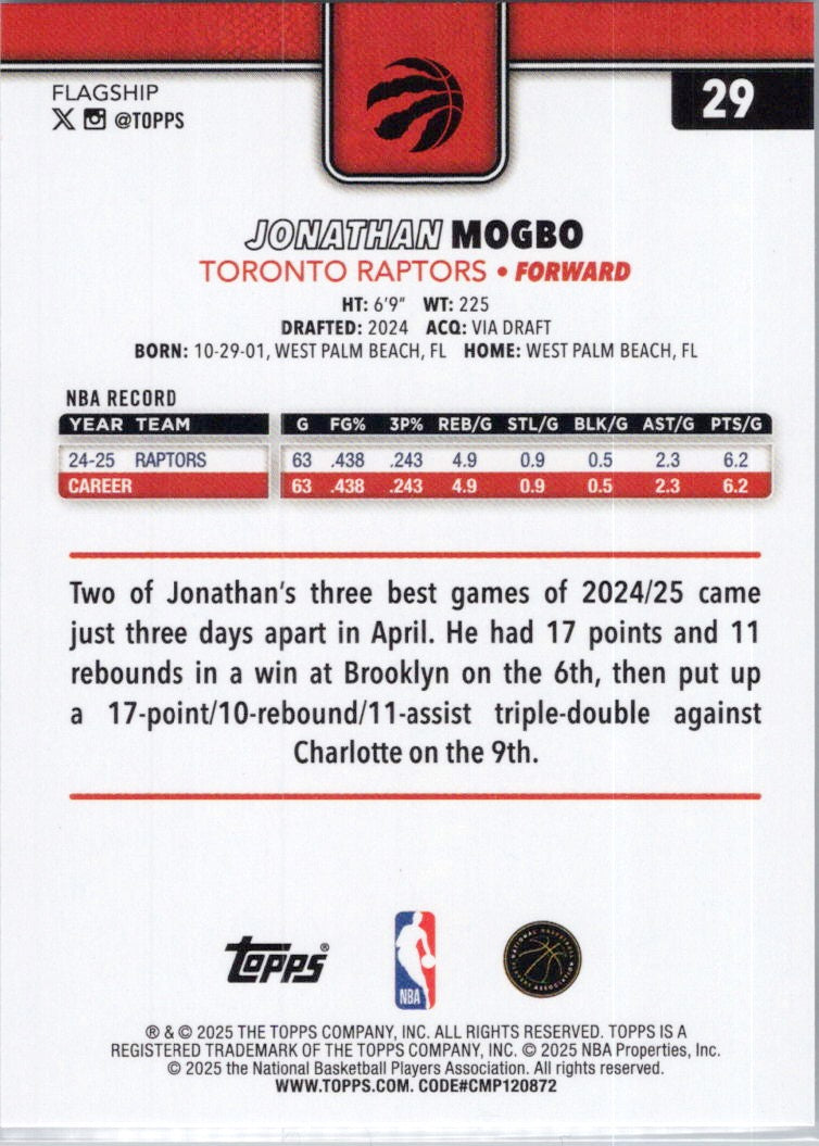 2025-26 Topps #29 Jonathan Mogbo Toronto Raptors