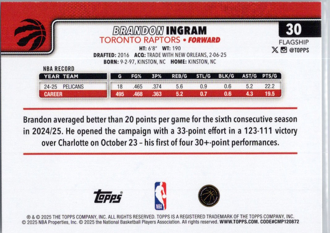 2025-26 Topps #30 Brandon Ingram Toronto Raptors