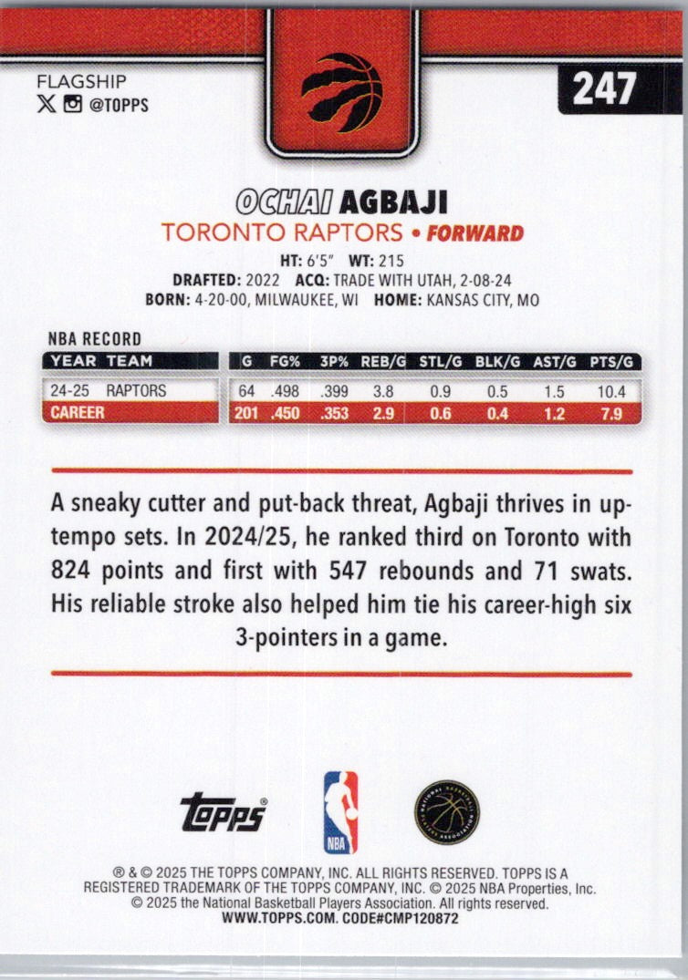 2025-26 Topps #247 Ochai Agbaji Toronto Raptors