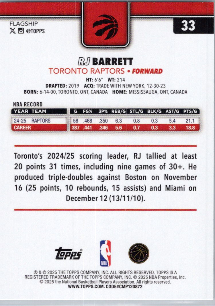 2025-26 Topps #33 RJ Barrett Toronto Raptors