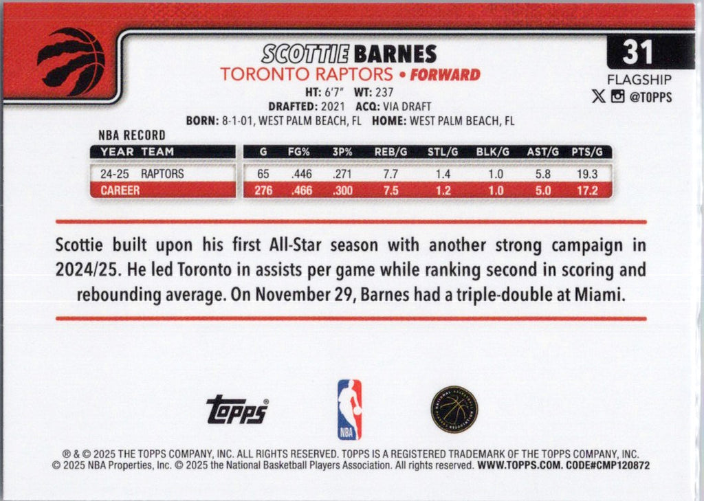 2025-26 Topps #31 Scottie Barnes Toronto Raptors