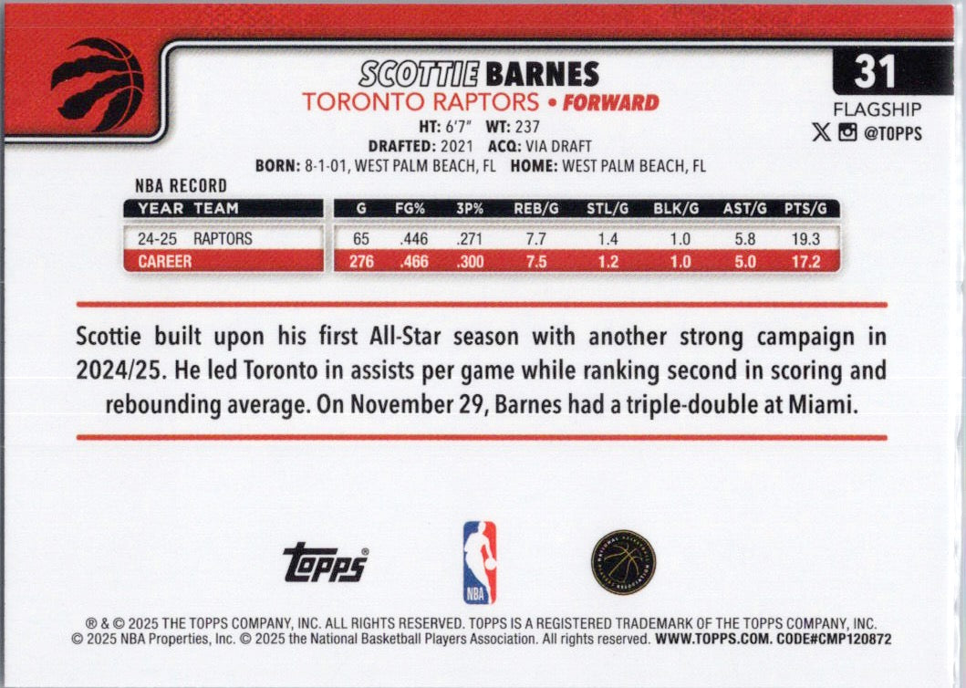 2025-26 Topps #31 Scottie Barnes Toronto Raptors