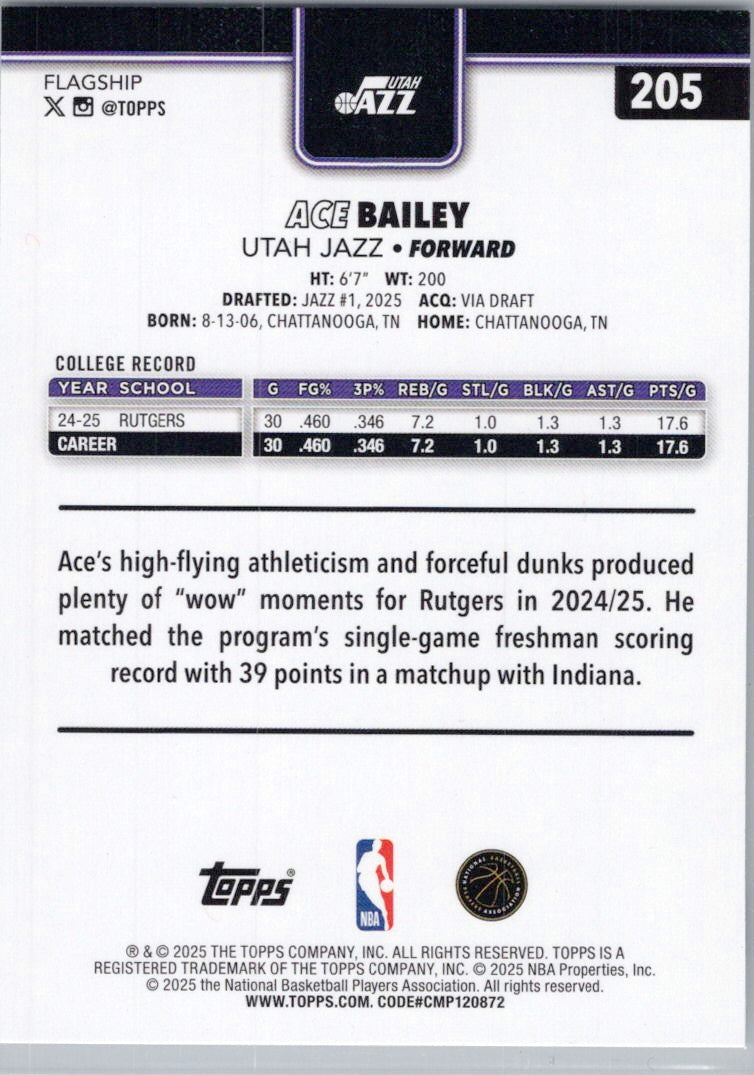 2025-26 Topps #205 Ace Bailey Utah Jazz