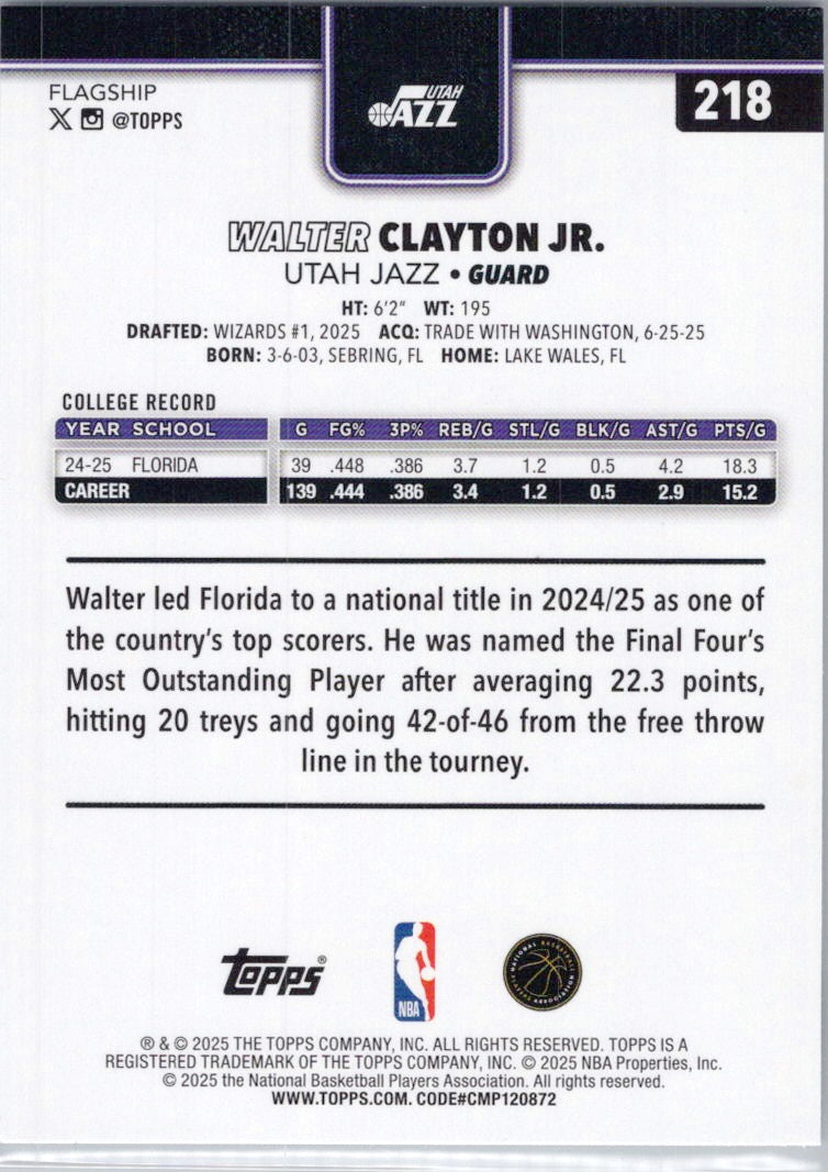 2025-26 Topps #218 Walter Clayton Jr. Utah Jazz