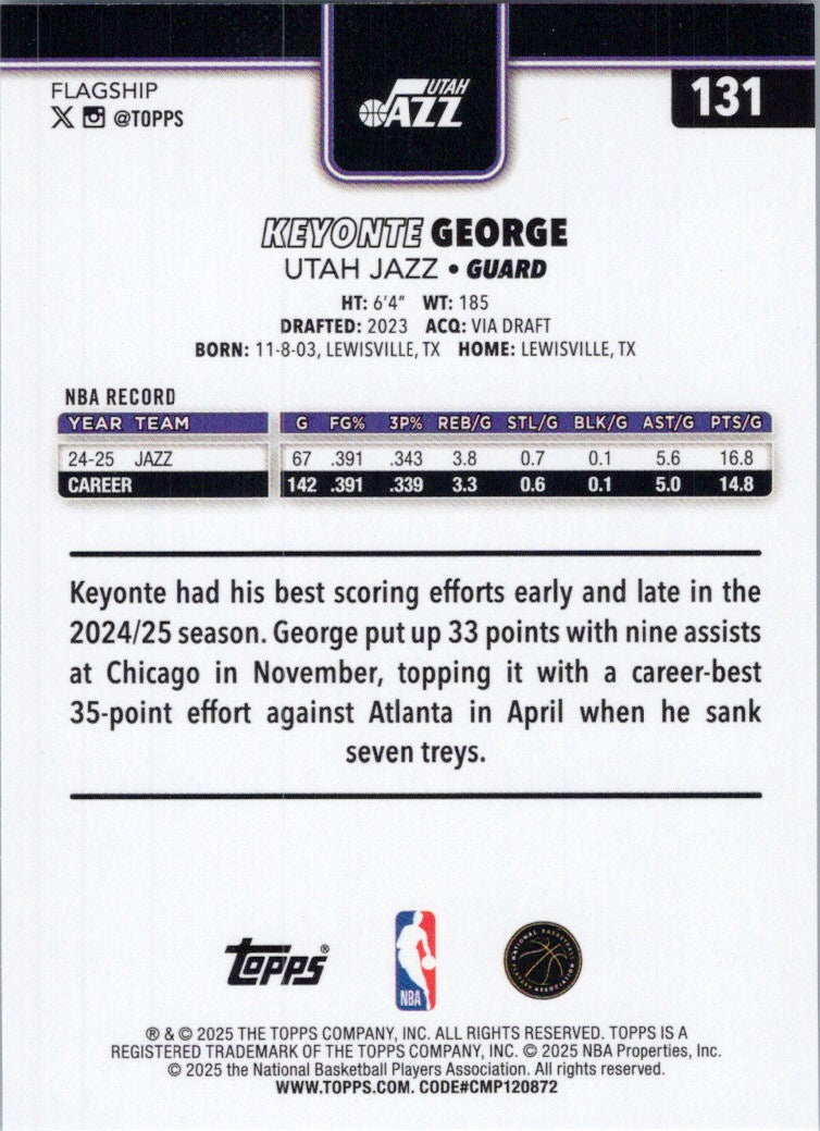 2025-26 Topps #131 Keyonte George Utah Jazz