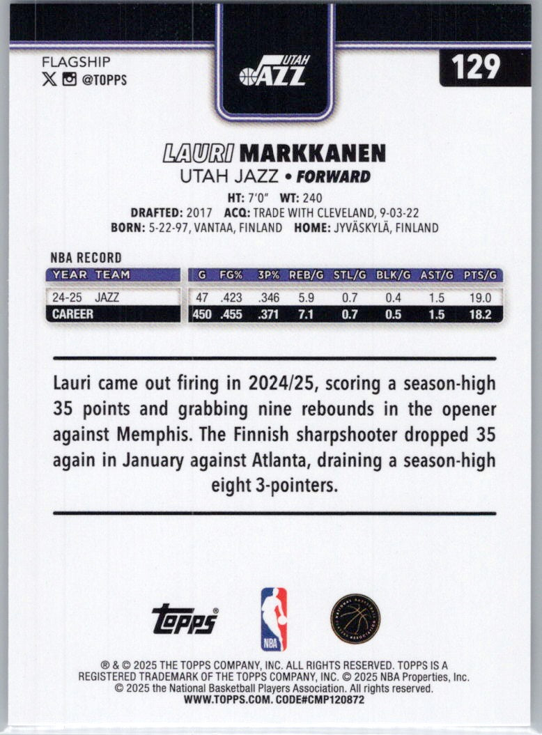 2025-26 Topps #129 Lauri Markkanen Utah Jazz