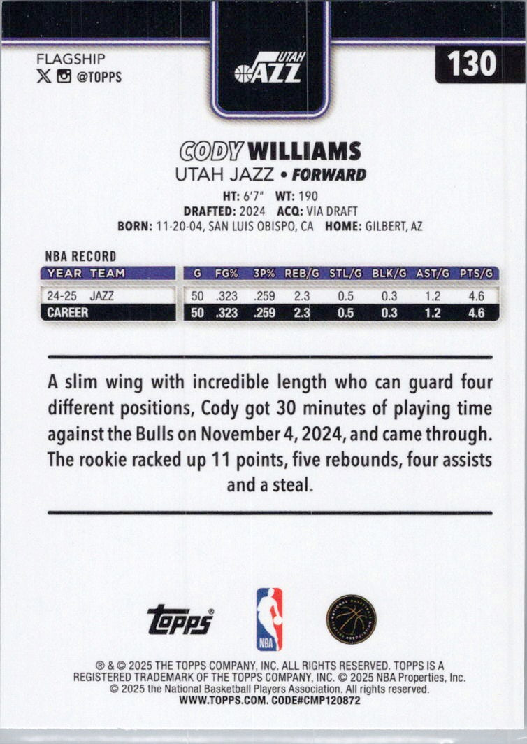 2025-26 Topps #130 Cody Williams Utah Jazz