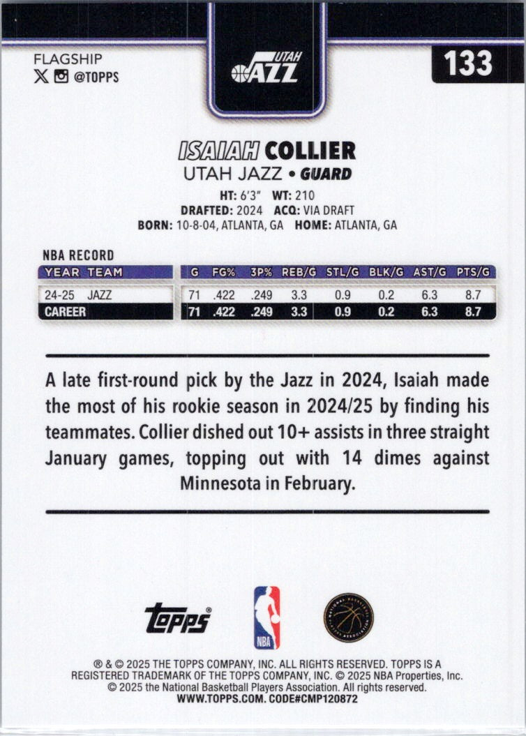 2025-26 Topps #133 Isaiah Collier Utah Jazz