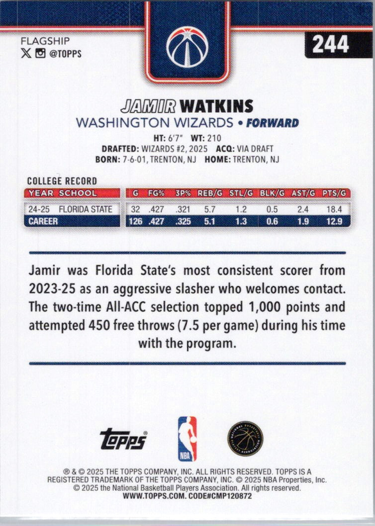 2025-26 Topps #244 Jamir Watkins Washington Wizards