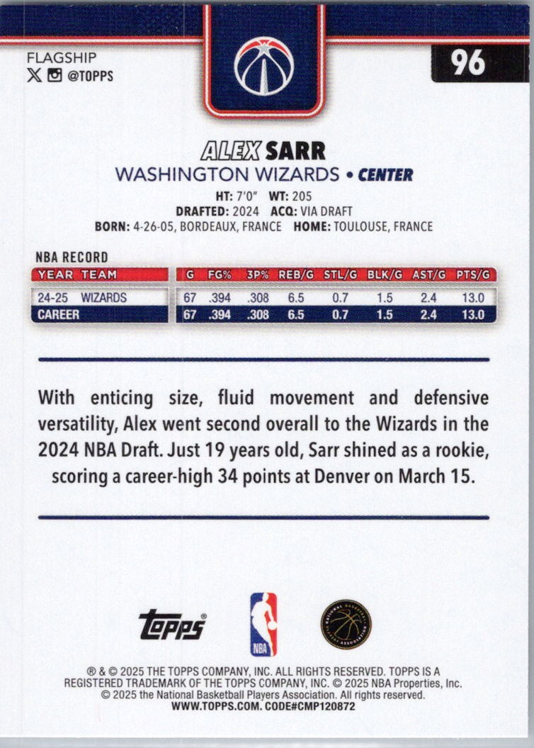 2025-26 Topps #96 Alex Sarr Washington Wizards