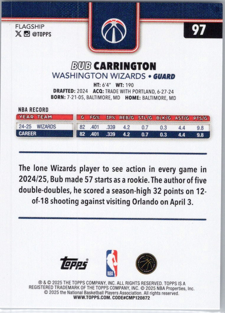 2025-26 Topps #97 Bub Carrington Washington Wizards