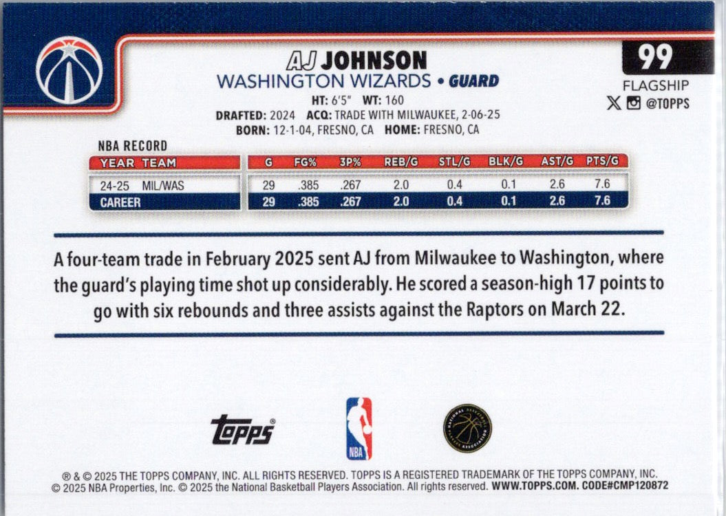 2025-26 Topps #99 AJ Johnson Washington Wizards