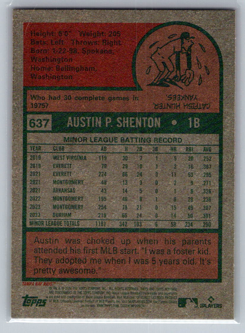 2024 Topps Heritage #637 Austin Shenton Tampa Bay Rays