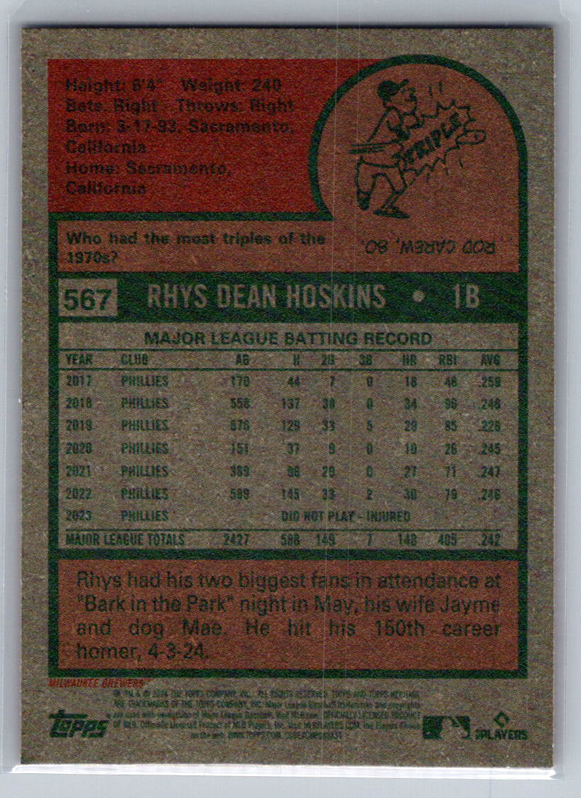 2024 Topps Heritage #567 Rhys Hoskins Milwaukee Brewers
