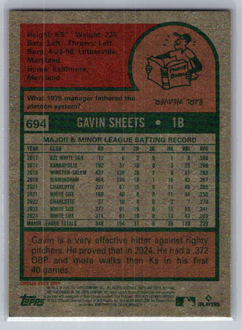 2024 Topps Heritage #694 Gavin Sheets Chicago White Sox