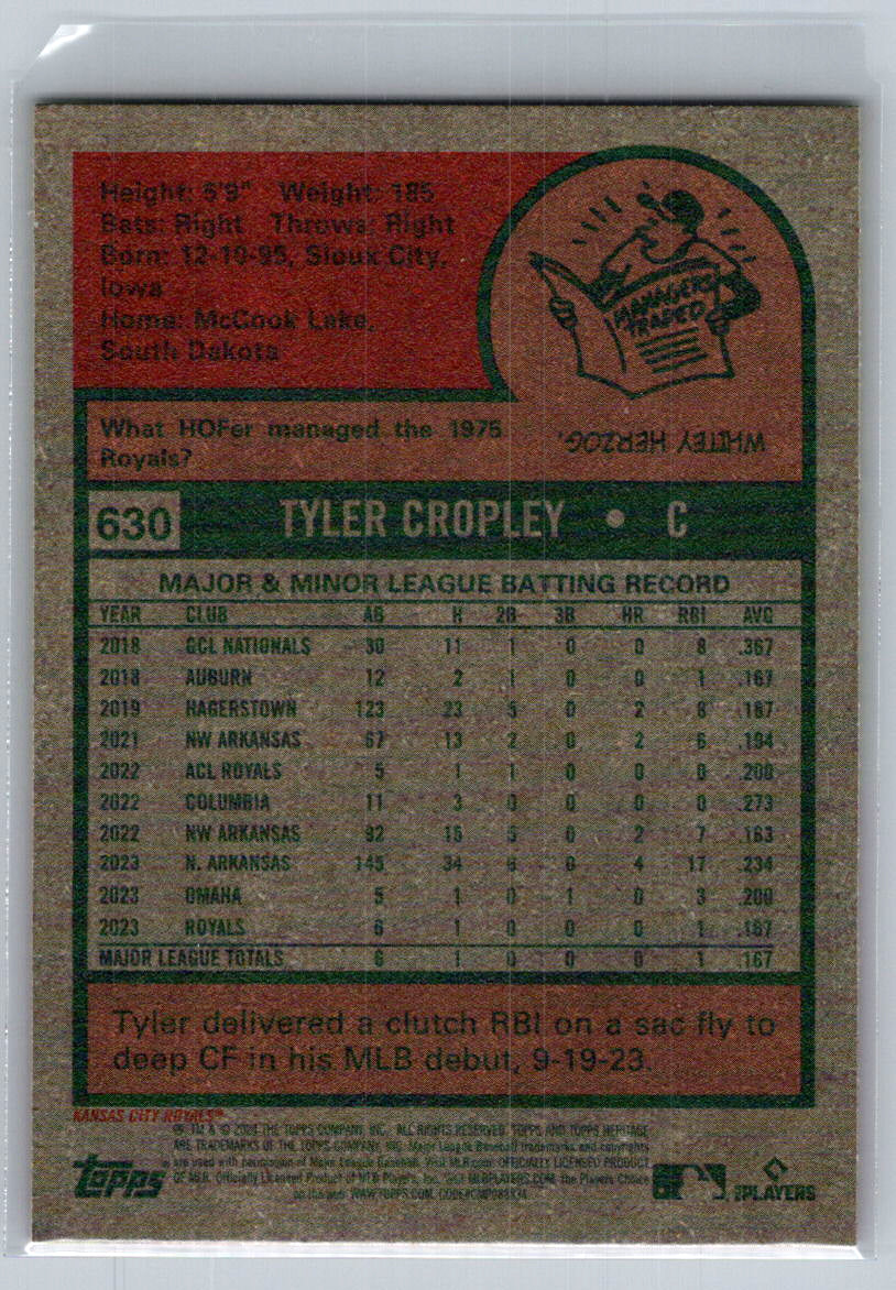 2024 Topps Heritage #630 Tyler Cropley Kansas City Royals