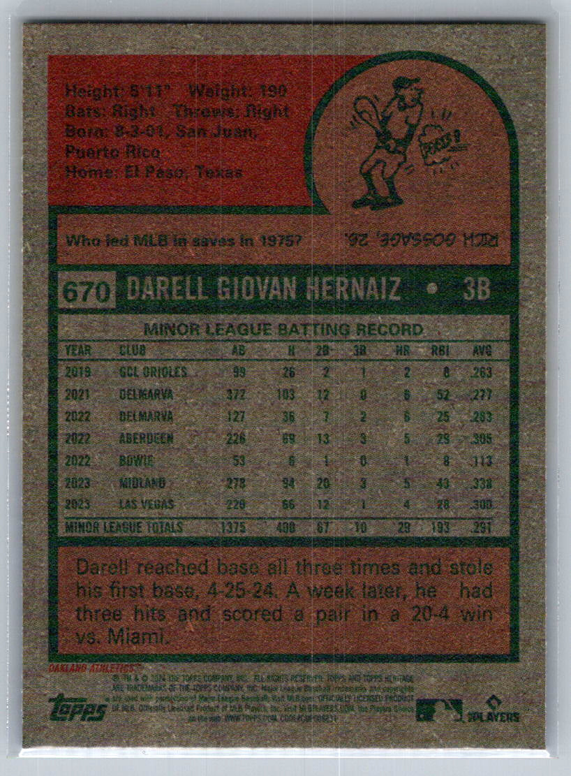 2024 Topps Heritage #670 Darell Hernaiz Oakland Athletics
