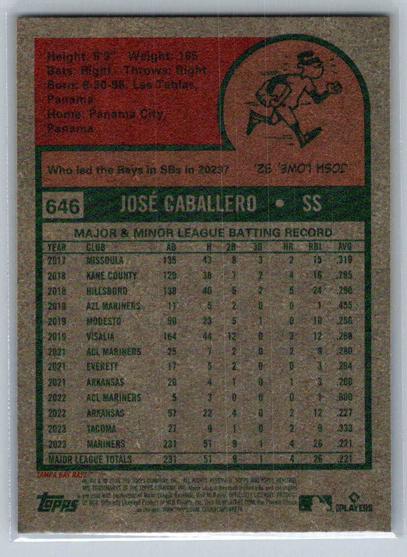 2024 Topps Heritage #646 José Caballero Tampa Bay Rays