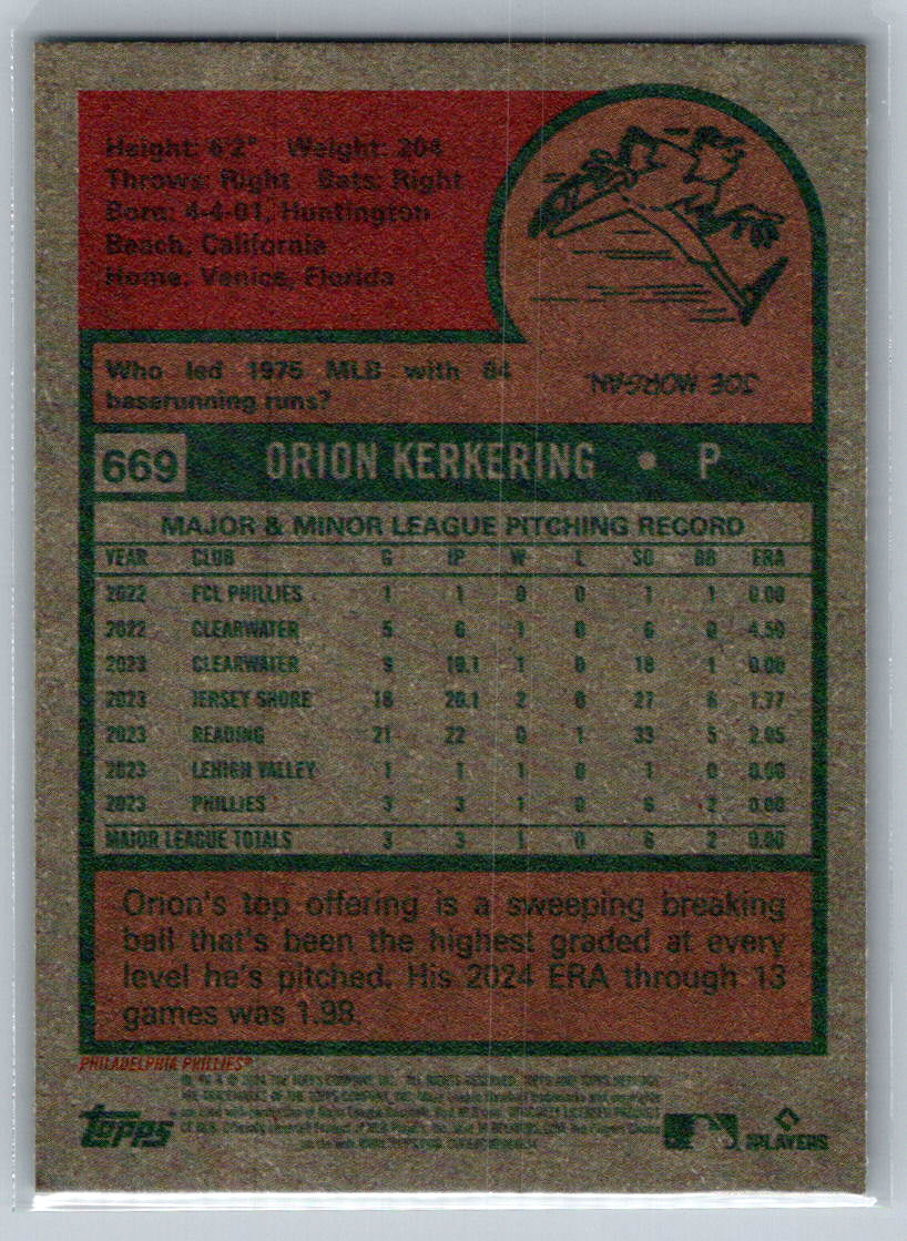 2024 Topps Heritage #669 Orion Kerkering Philadelphia Phillies