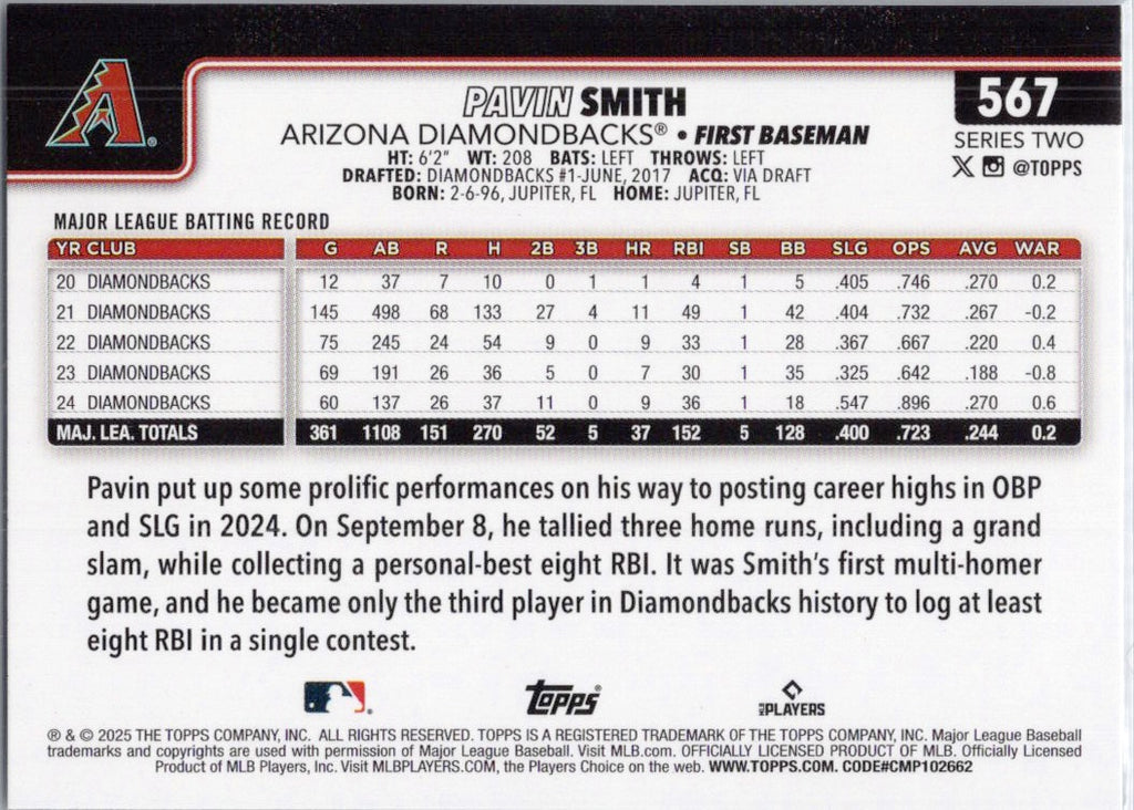 2025 Topps #567 Pavin Smith Arizona Diamondbacks
