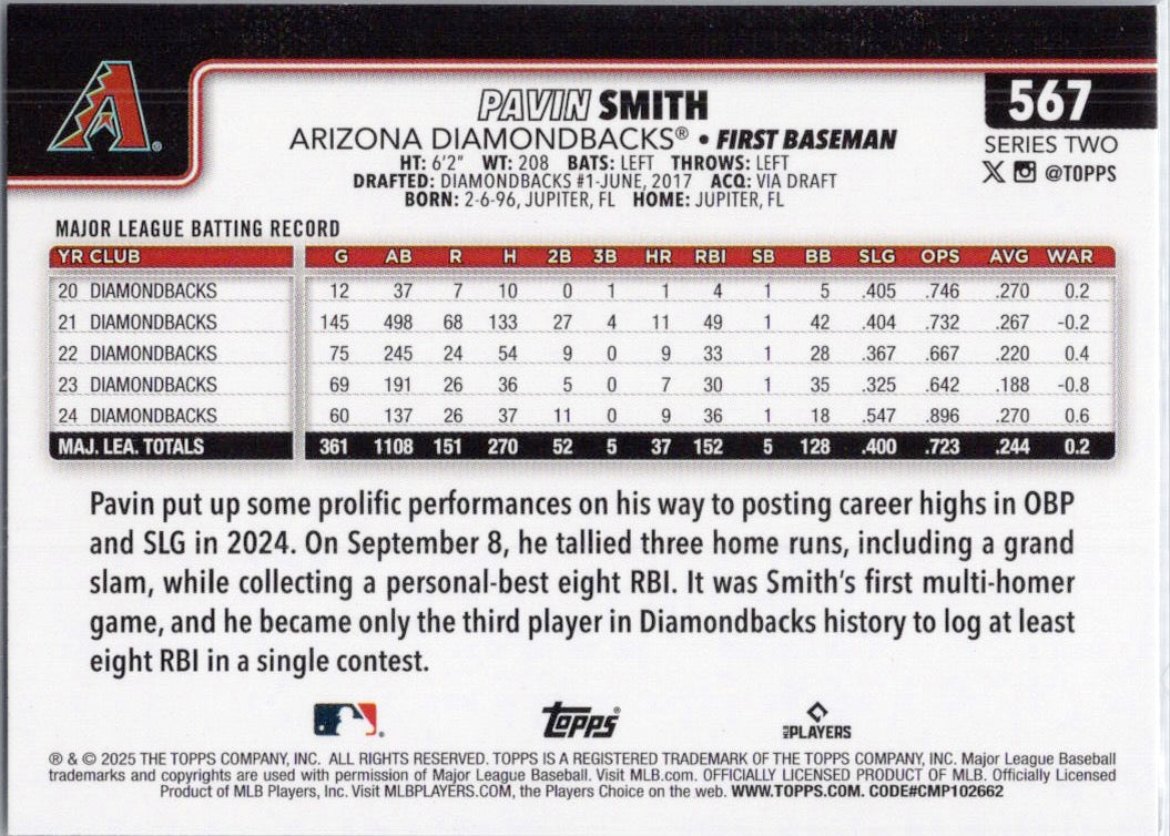 2025 Topps #567 Pavin Smith Arizona Diamondbacks