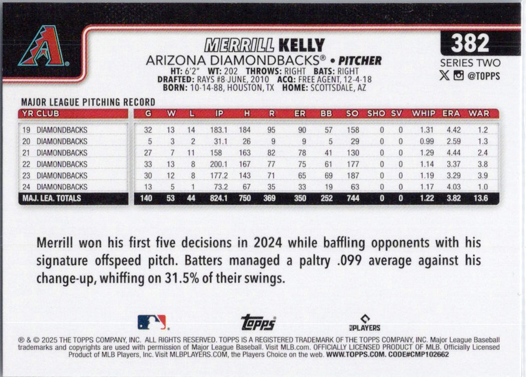 2025 Topps #382 Merrill Kelly Arizona Diamondbacks