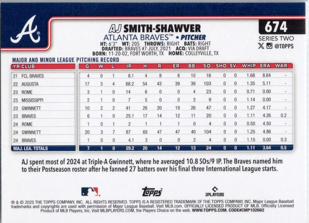 2025 Topps #674 AJ Smith-Shawver Atlanta Braves