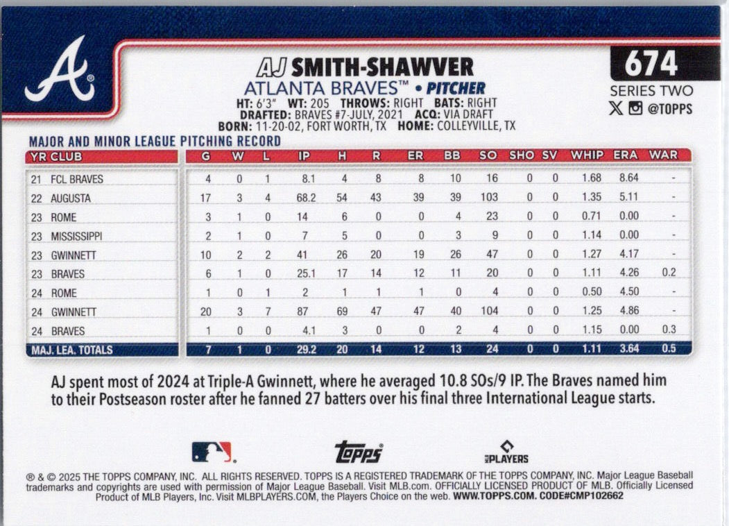 2025 Topps #674 AJ Smith-Shawver Atlanta Braves