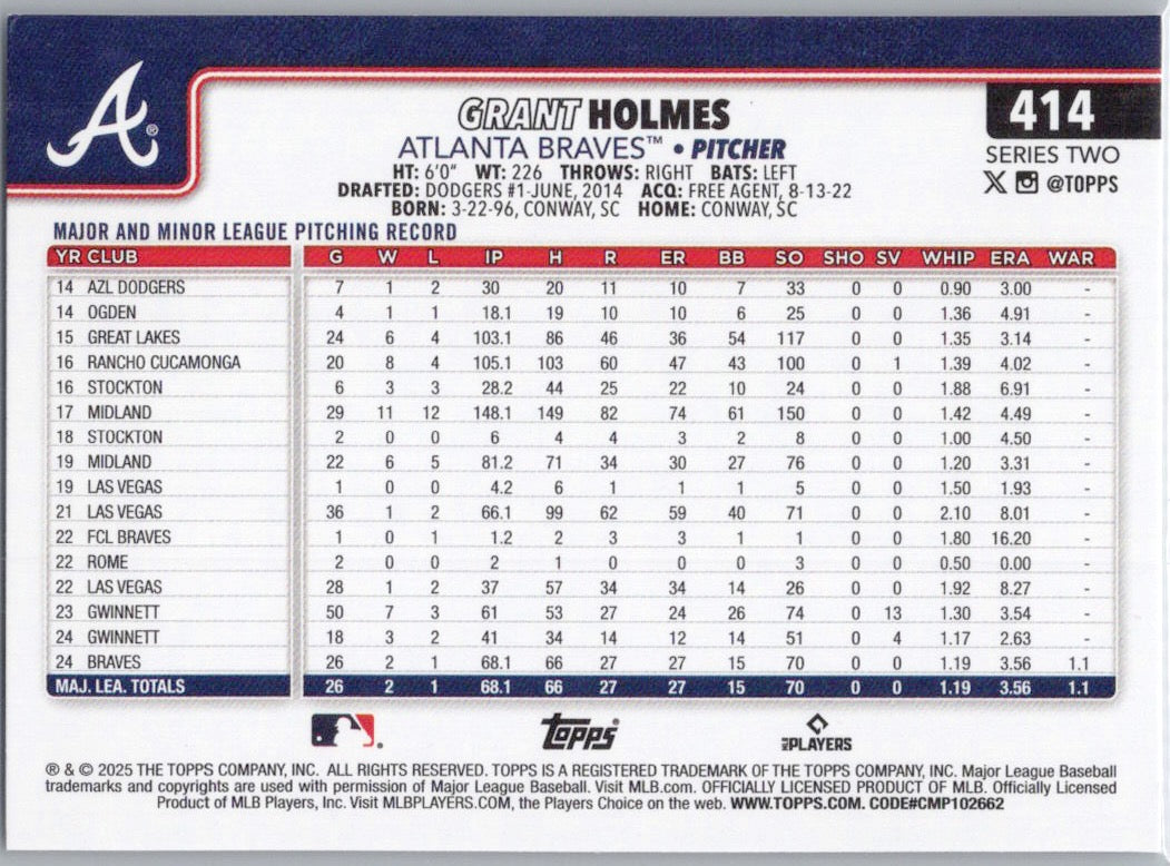 2025 Topps #414 Grant Holmes Atlanta Braves