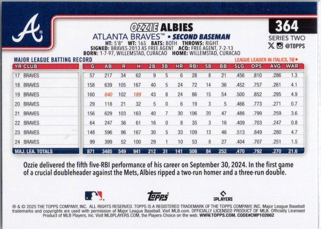 2025 Topps #364 Ozzie Albies Atlanta Braves
