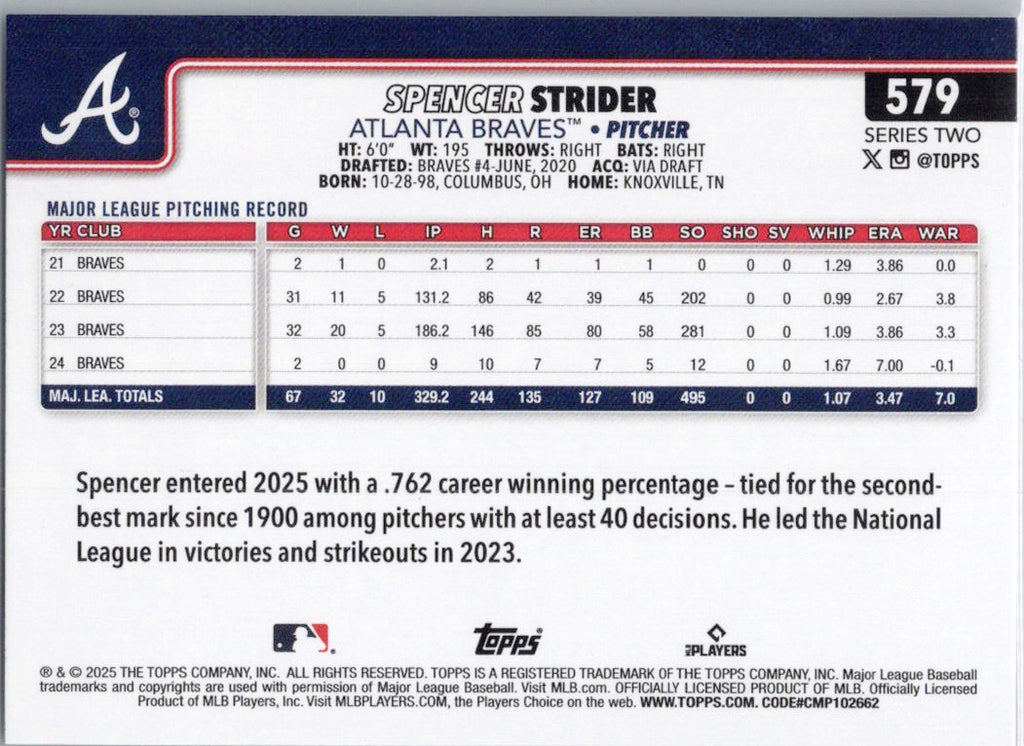 2025 Topps #579 Spencer Strider Atlanta Braves