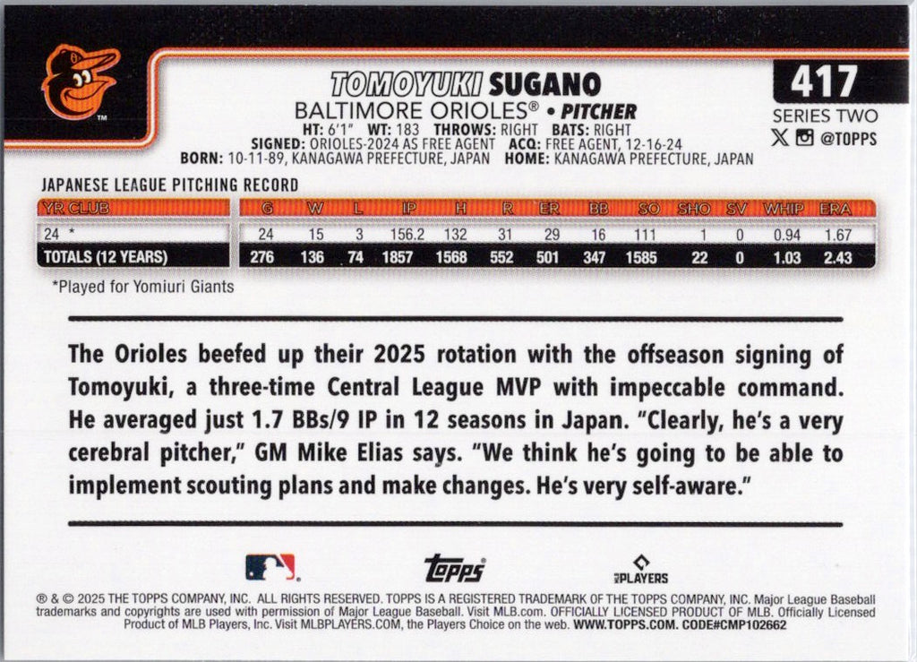 2025 Topps #417 Tomoyuki Sugano Baltimore Orioles