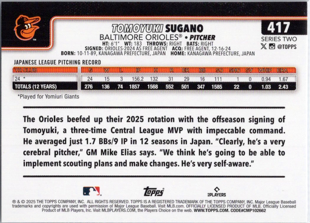 2025 Topps #417 Tomoyuki Sugano Baltimore Orioles