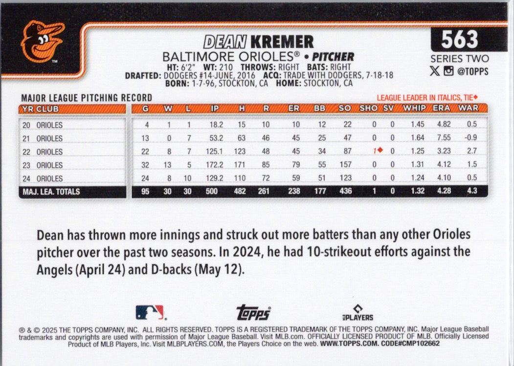 2025 Topps #563 Dean Kremer Baltimore Orioles