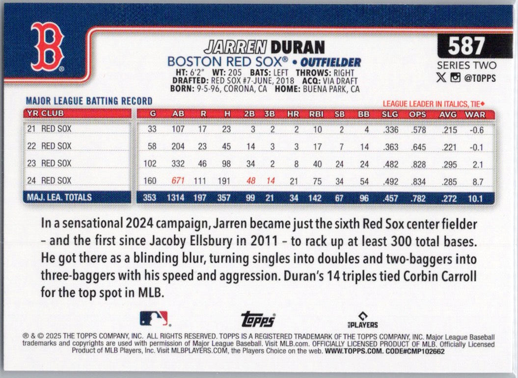 2025 Topps #587 Jarren Duran Boston Red Sox