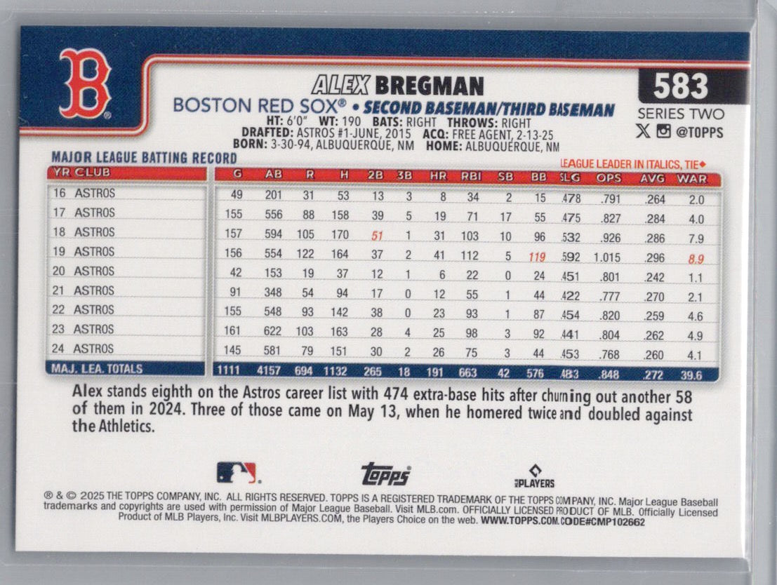 2025 Topps #583 Alex Bregman Rainbow Foil Boston Red Sox