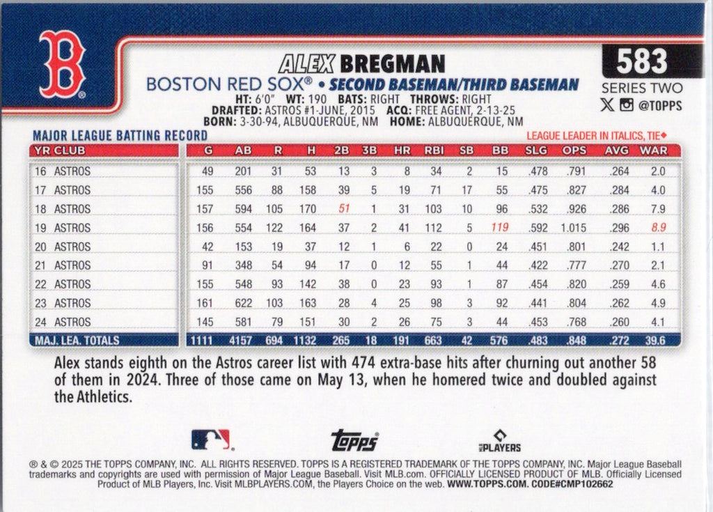 2025 Topps #583 Alex Bregman Boston Red Sox