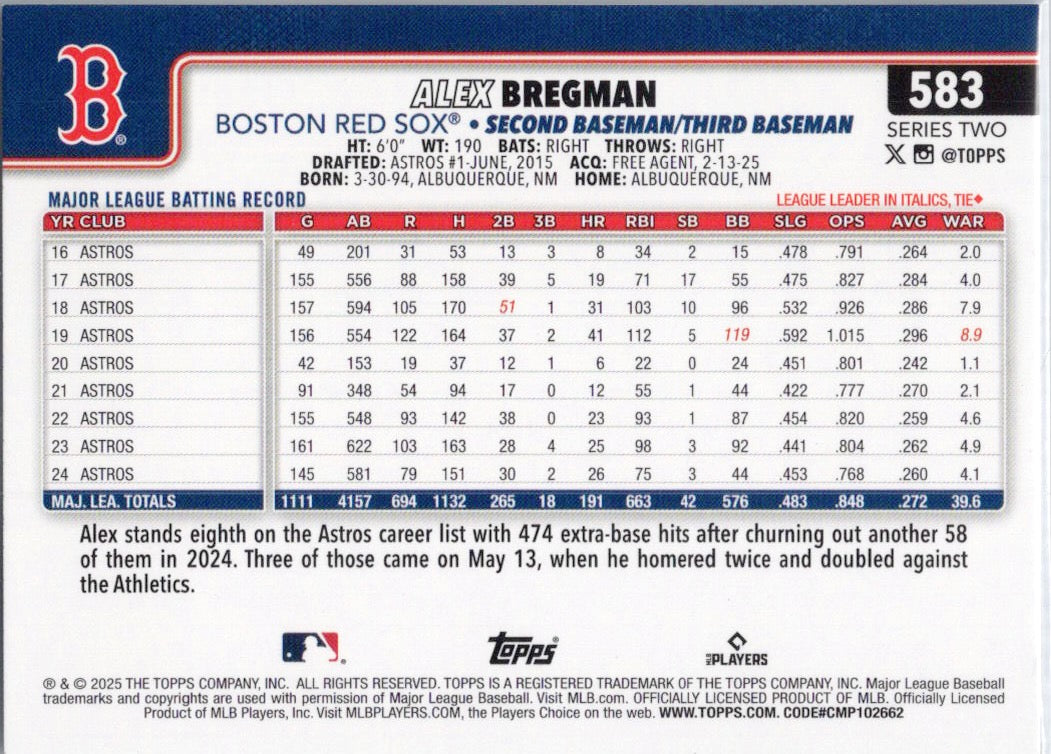 2025 Topps #583 Alex Bregman Boston Red Sox