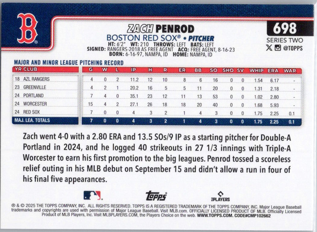 2025 Topps #698 Zach Penrod Boston Red Sox
