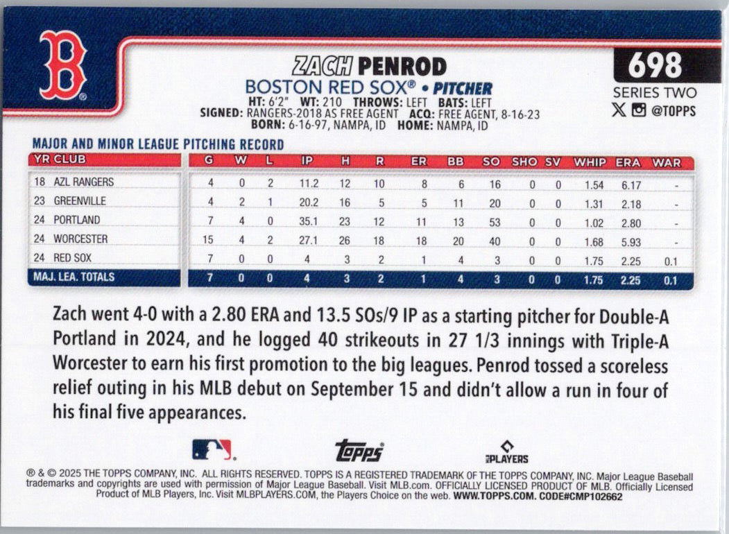 2025 Topps #698 Zach Penrod Boston Red Sox