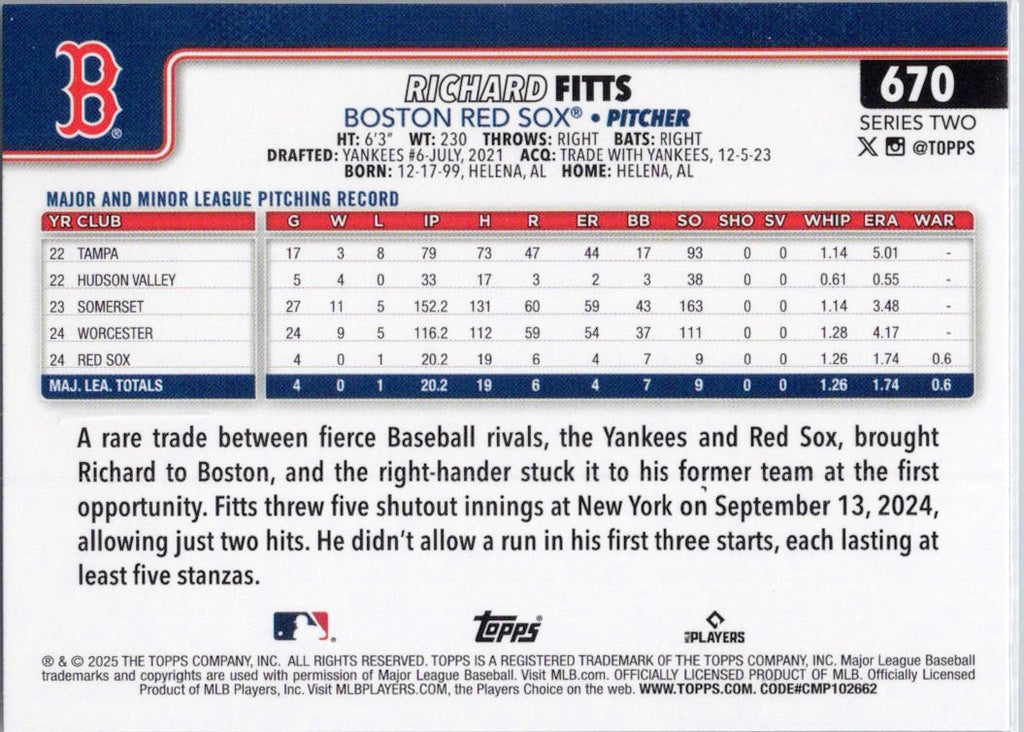 2025 Topps #670 Richard Fitts Boston Red Sox