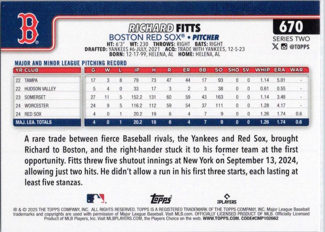 2025 Topps #670 Richard Fitts Boston Red Sox