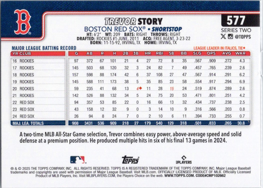 2025 Topps #577 Trevor Story Boston Red Sox