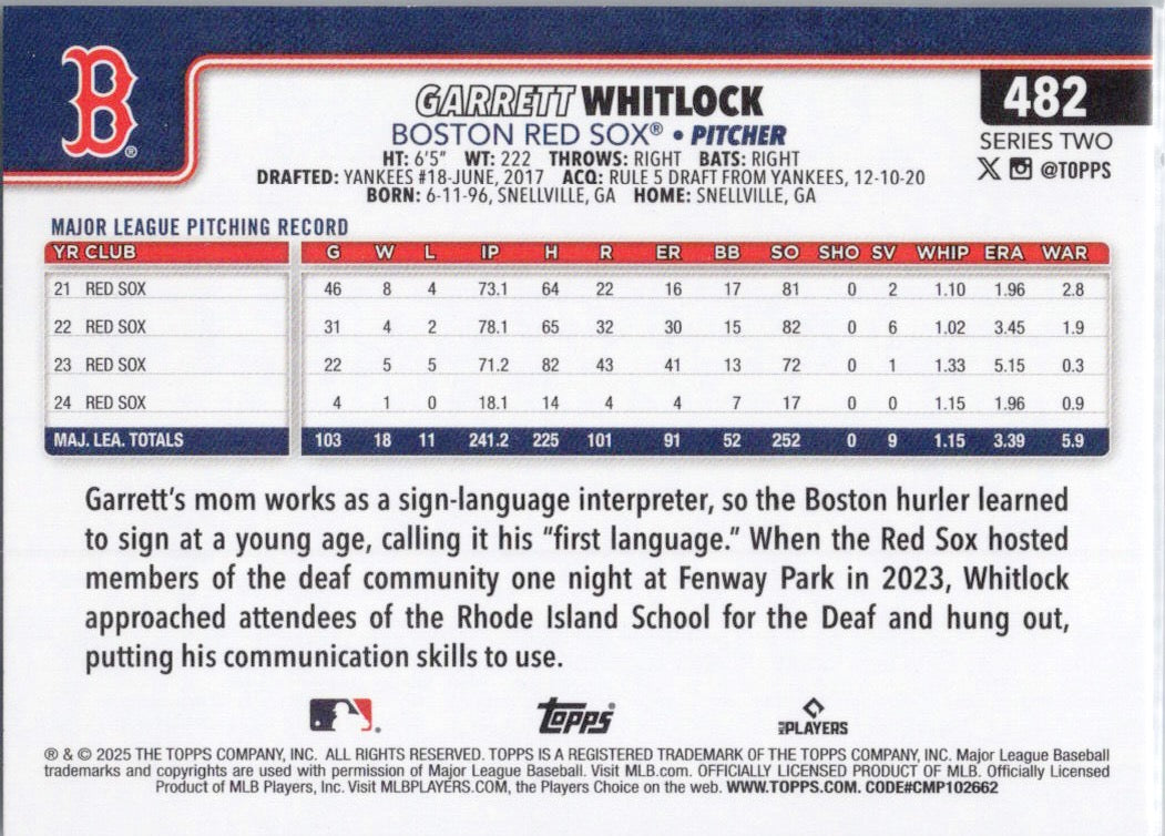 2025 Topps #482 Garrett Whitlock Boston Red Sox