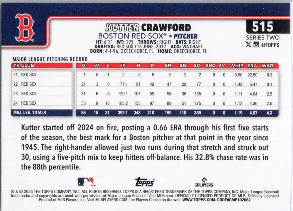 2025 Topps #515 Kutter Crawford Boston Red Sox