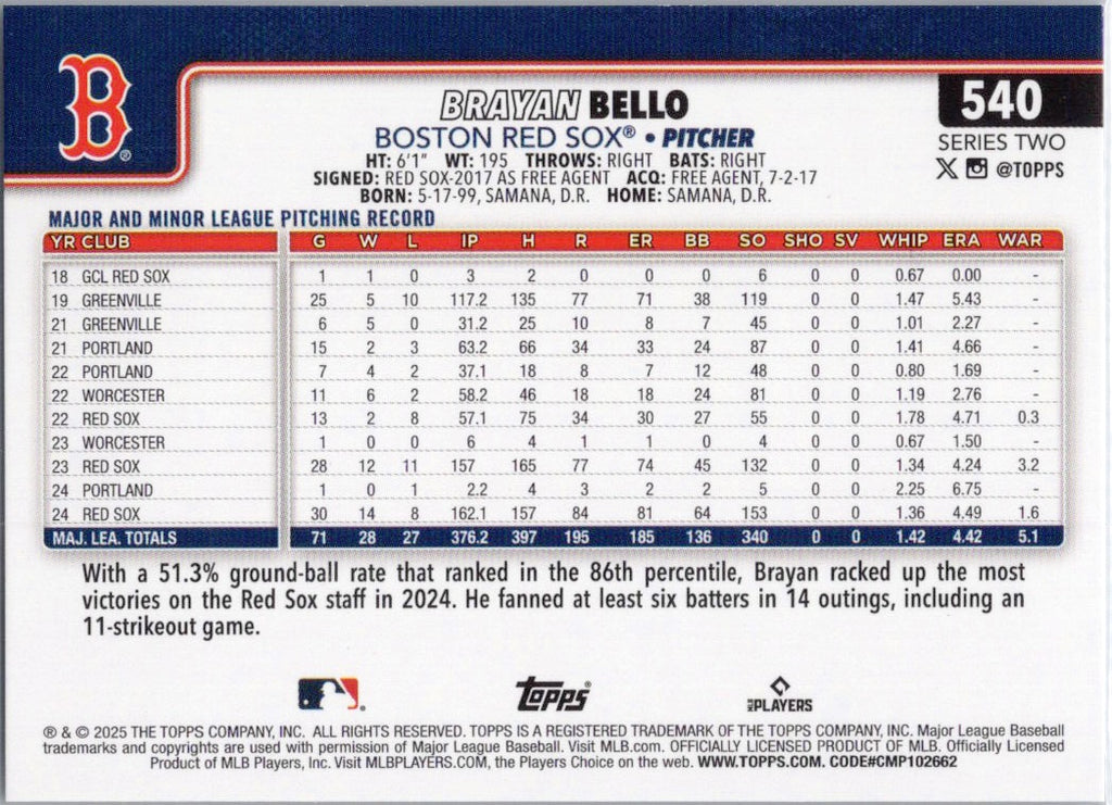 2025 Topps #540 Brayan Bello Boston Red Sox