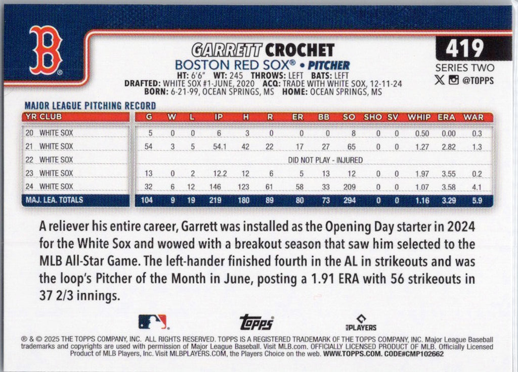 2025 Topps #419 Garrett Crochet Boston Red Sox