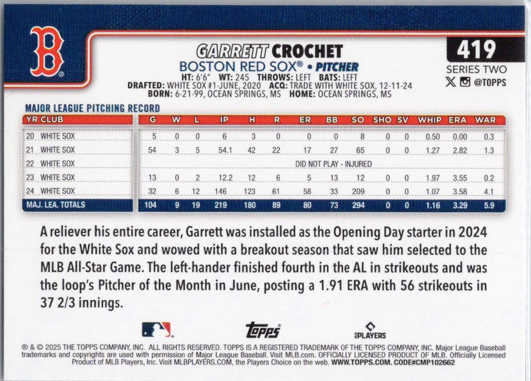 2025 Topps #419 Garrett Crochet Boston Red Sox