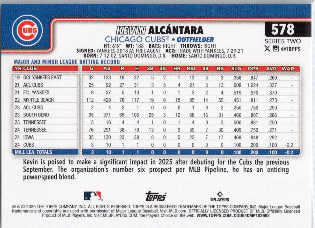 2025 Topps #578 Kevin Alcántara Chicago Cubs